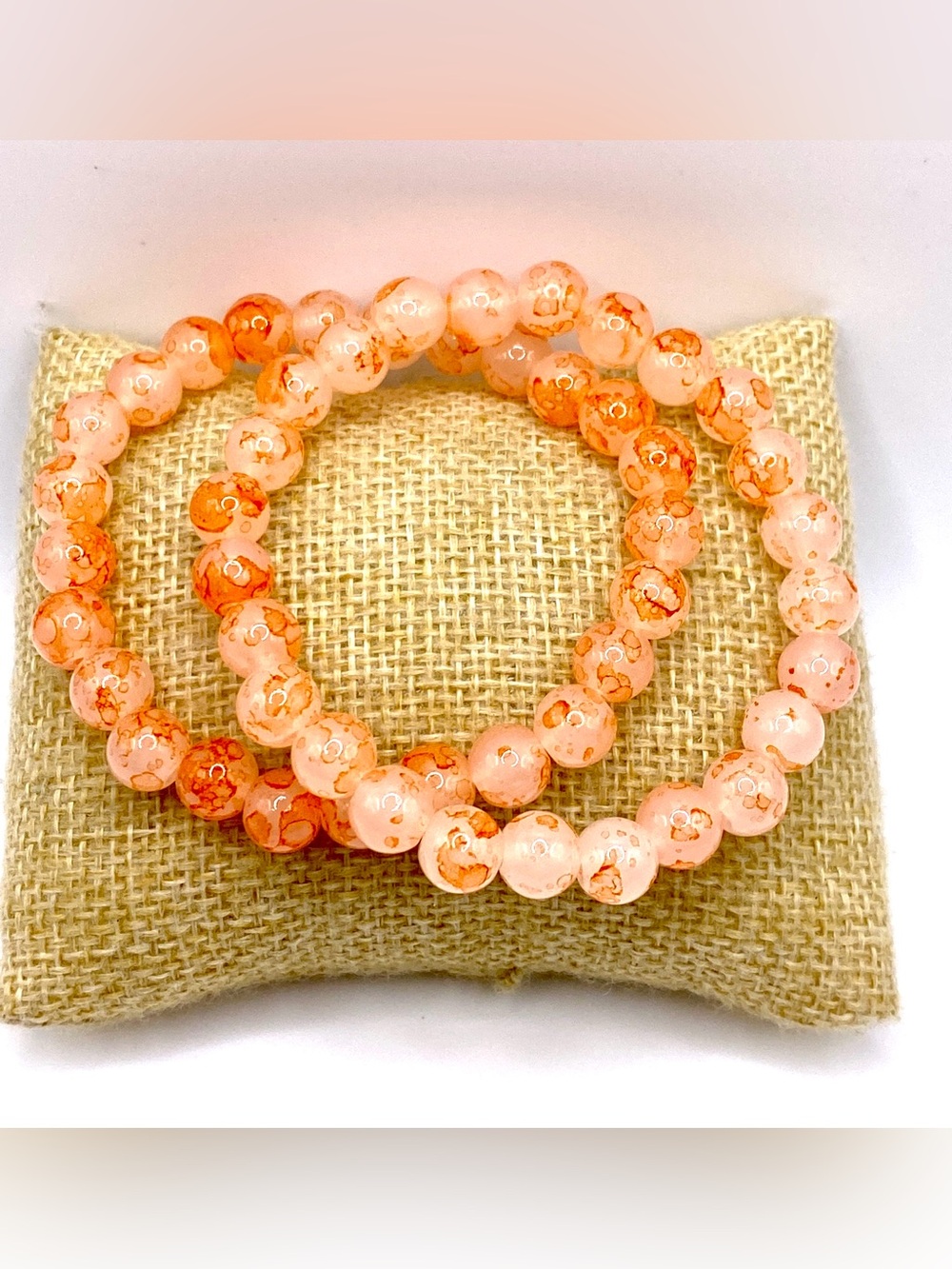 2PC Set Peach Orange Spotted Glass Bead Elastic Stretch Bracelet Stack NWOT